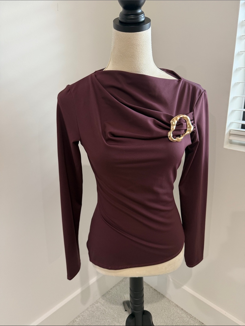 Women’s Long-Sleeve Draped Neck Top with Decorative Buckle - Burgundy